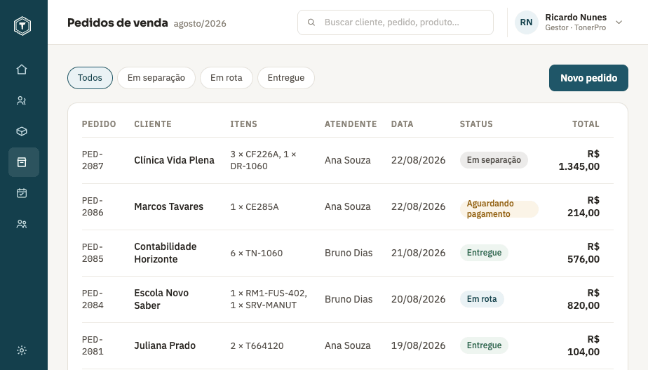 Lista de pedidos de venda no teiú InfoStore